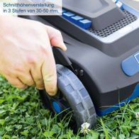 Der Akku-Rasenmäher BC-MP220-X von Scheppach bietet eine Schnittbreite von 21,5 cm und eine verstellbare Schnitthöhe von 30-50 mm in 3 Stufen. Ideal für Rasenflächen bis zu 120 m² und mit praktischer Mulchfunktion.