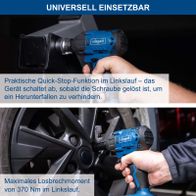 Scheppach-Werkzeug mit praktischer Quick-Stop-Funktion im Linkslauf zur Vermeidung von Herunterfallen, maximales Losbrechmoment von 370 Nm