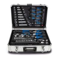 The Scheppach TB150 tool kit includes 101 pieces, featuring various screwdrivers, sockets, and pliers. It is lockable and made of metal. Contains PH2X100, PH1X80, PZ2X100, PZ1X80, 0.8X4X80, 1.0X5X100, PH0X50, 0.4X2.0X50.