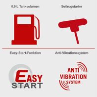 Das Produkt verfügt über ein Tankvolumen von 0,9 Litern, einen Seilzugstarter, eine Easy-Start-Funktion und ein Anti-Vibrationssystem.
