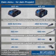 Vergleich der Akkulaufzeiten und Leistungsfähigkeit für Multifunktionswerkzeug BC-MFH400-X mit 2,0 Ah und 4,0 Ah Batterien