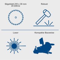 Das Sägeblatt misst 210 x 30 mm mit 24 Zähnen. Die Kapp- und Gehrungssäge HM210L ist robust und hat eine kompakte Bauweise. Sie verfügt über einen Laser zur präzisen Führung.