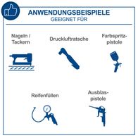 Anwendungsbeispiele für Scheppach-Kompressor-HC26: Nageln/Tackern, Druckluft-Ratse, Farbspritzpistole, Reifen füllen, Ausblaspistole