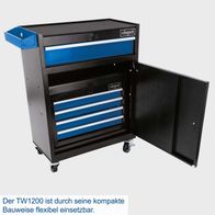 Der Werkstattwagen TW1200 von Scheppach ist durch seine kompakte Bauweise flexibel einsetzbar. Er verfügt über eine abnehmbare Werkzeugkiste und ist fahrbar.