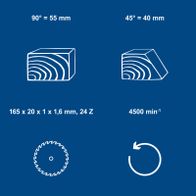 Winkel- und Durchmessermessungen für Sägeblätter, Technische Daten: 165 x 20 x 1 x 1,6 mm, 24 Zähne, 4500 min⁻¹