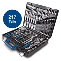 Der Werkzeugkoffer TB217 von Scheppach enthält 217 Teile, darunter verschiedene Stecknüsse, Ratschen, Nussaufsätze und Spezialwerkzeuge. Ideal für professionelle Anwendungen.