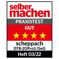 Das Produkt 'Schrauber DTB-20ProS scheppach mit Akku, Ladegerät und Zubehörset' wurde von der Zeitschrift 'selber machen' als 'Praxistest Gut' bewertet. Es erhielt 4 von 5 Sternen in Heft 03/22.