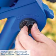 Werkzeuglose Umstellung zwischen Blas- und Saugmodus auf dem Scheppach-Akku-Laubsauger/-bläser