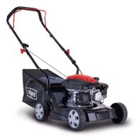 Benzin Rasenmäher PML40-132P Scheppach. 3,3 PS, 40 cm Schnittbreite, 3-fach Verstellung, 35L Korb. Gezeigt von der Seite.