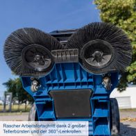 Scheppach-Maschine mit zwei großen Bürsten für effizienten Arbeitsfortschritt und 360°-Lenkrollen