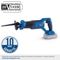 Akku-Säbelsäge BC-RS250-X von Scheppach. Teil der 20VIXES Batterieplattform. 10 Jahre Garantie bei Online-Registrierung. Brushless-Motor. Hublänge 28mm, Hubzahl 0-3000 min-1.