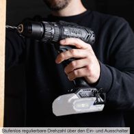 Der Akku-Schlagbohrschrauber C-SBS45BE-X von Scheppach bietet stufenlos regulierbare Drehzahl über den Ein- und Ausschalter.