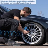 Taschengängwerkzeug mit pneumatischem Kompressor für schnellen Reifenwechsel, Text 'Müheloser Reifenwechsel dank leistungsstarkem Kompressor und hoher Luftabgabeleistung'