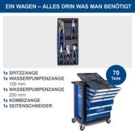 Werkstattwagen mit 70 Teilen inkl. verschiedene Zangen und Werkzeuge für präzise Arbeiten, inkl. Schubladensystem und Rollen für mobilen Einsatz.