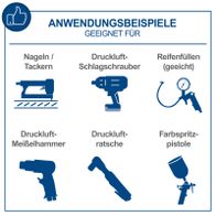 Das Bild zeigt Anwendungsbeispiele für den Kompressor HC51V von Scheppach. Geeignet für Nageln/Tackern, Druckluft-Schlagschrauber, Reifenfüllen (geeicht), Druckluft-Meißelhammer, Druckluft-Ratsche und Farbspritzpistole.