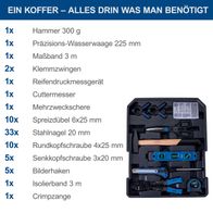 Werkzeugkoffer WZT187 Scheppach mit detaillierter Liste aller enthaltenen Werkzeuge und Messgeräte