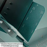 Wippsäge mit Wippenverlängerung und Schnittlängenanzeige. Inklusive Wippenverlängerung für präzise Schnitte.