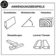 Das Scheppach Werkzeug ermöglicht präzise Schnitte für Sockelleisten, Winkelschnitte, Holzbalken, Überplattungen und Laminat/Paneele. Ideal für verschiedene Anwendungen in der Holzverarbeitung.