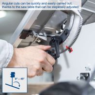 The bandsaw HBS261 by Scheppach allows quick and easy angular cuts thanks to a steplessly adjustable saw table. The table can be adjusted between 0° and 45°.
