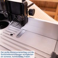 Die Fräsmaschine HF50 von Scheppach bietet einen großen Aluminiumanschlag und Sicherheitsvorrichtungen für sicheres und komfortables Fräsen.