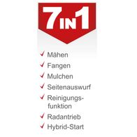 Der Scheppach Rasenmäher MS173-51E bietet folgende Funktionen: Mähen, Fangen, Mulchen, Seitenauswurf, Reinigungsfunktion, Radantrieb und Hybrid-Start.