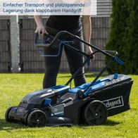 Der Akku-Rasenmäher BC-MP430-X von Scheppach bietet einfachen Transport und platzsparende Lagerung dank klappbarem Handgriff. Ideal für Rasenflächen bis 700 m² mit 43 cm Schnittbreite und 50L Grasfangkorb.