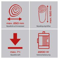 Wichtige Spezifikationen für Holzspalter: Spaltlänge bis 250 mm, Spaltgutgröße bis 520 mm, Spaltkraft bis 7 Tonnen, Motorleistung 2200 Watt