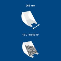 Technische Daten: Messwert mit 265 mm Länge und Volumen von 15 Liter (0,015 m³)