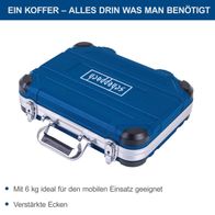 Der Werkzeugkoffer TB170 von Scheppach wiegt 6 kg und ist ideal für den mobilen Einsatz. Er verfügt über verstärkte Ecken für zusätzliche Stabilität.
