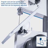 The bandsaw HBS25 by Scheppach allows for quick and easy angular cuts thanks to a steplessly adjustable saw table. The table can be adjusted in the range of 0° to 45°.