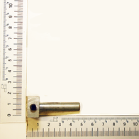 Ein Druckbolzen kpl. von Scheppach neben einem Lineal zur Größenmessung. Der Bolzen ist etwa 5 cm lang.