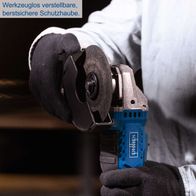Werkzeuglos verstellbare, berstsichere Schutzhaube. Der Akku-Winkelschleifer C-AG125-X von Scheppach verfügt über eine Drehzahlregelung von 2500-10000 min.