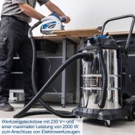 Elektro Nass-/Trockensauger VC50 Scheppach mit 230 V und einer maximalen Leistung von 2000 W zum Anschluss von Elektrowerkzeugen. 1400W Leistung, 3m Schlauchlänge, 5m Anschlusskabel, 50L Fassungsvermögen, 20kPa Saugkraft.