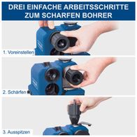 Der Bohrerschleifer DBS800 von Scheppach hat drei einfache Arbeitsschritte zum Schärfen von Bohrer: Voreinstellen, Schärfen und Ausspitzen. Er eignet sich für HSS-Bohrer mit einem Durchmesser von 3 bis 13 mm.