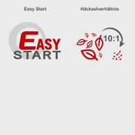 Markenlogo 'Easy Start' mit Illustration für das Produkt 'Laubsauger und -bläser' und Hinweis auf 'Häckselverhältnis 10:1'
