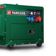 Stromerzeuger PDSE 5000 A1 Parkside LB4-CZ/SK, Ansicht von hinten. Grüner Generator mit Bedienfeld und Rädern.