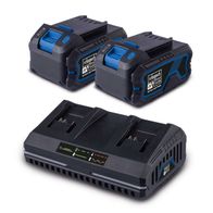Scheppach Starter-Kit 4.0 SBSK4.0-Twin-F: Zwei 20V/4.0Ah Lithium-Ionen Akkus und ein Ladegerät mit LED-Anzeige für Ladezustand und Akku-Status. Das Ladegerät lädt beide Akkus gleichzeitig auf und zeigt den Ladezustand an.
