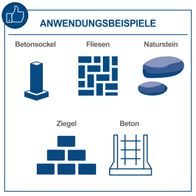 Anwendungsbeispiele für den Abbruchhammer AB2000: Betonsockel, Fliesen, Naturstein, Ziegel und Beton. Geeignet für verschiedene Materialien und Anwendungen.