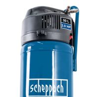 Scheppach Kompressor HC51V stehend, 50L Kessel, 230V, 1500W, ölfrei und wartungsarm. Ansicht von der Seite.