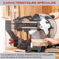 The sliding cross-cut mitre saw PX-KZS-305PA Practixx features a fixed double rail system that does not require space at the back of the machine.