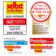 Scheppach Tauchsäge PL55 mit 2x 700mm Führungsschiene. Bewertungen: Selbst ist der Mann (GUT, 8/2012), Heimwerker Praxis (Oberklasse 1,5, 3/23, Preis/Leistung sehr gut, Produkt des Jahres 2024).
