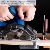 Die Akku-Handkreissäge C-HCS165-X von Scheppach hat einen neigbaren Sägekopf von 0 - 45° und eine stufenlos einstellbare Schnittiefe von 0 - 53 mm.