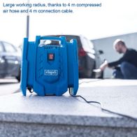 The Scheppach Airforce 7 compressor offers a large working radius thanks to a 4 m compressed air hose and a 4 m connection cable.