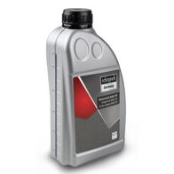 Scheppach Motorenöl SAE30 (DIY) in einer grauen Flasche mit schwarzem Deckel, Blick von der Seite.