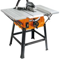 Tischkreissäge HS100S von Primaster, seitliche Ansicht mit Standfuß und Staubabsaugung.