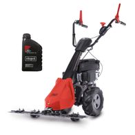 Der Balkenmäher BMS196-88 von Scheppach. Gezeigt von der Seite. Mit 4-Takt Motoröl für optimale Leistung. 600 ml (20,3 FL oz).