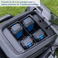 The Scheppach BC-MP470-X battery-powered lawnmower features powerful 2x 20 V batteries and a battery extension for 2 additional batteries. Perfect for efficient mowing of large lawns.