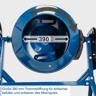Der Betonmischer MIX160 von Scheppach hat eine große Trommelöffnung von 390 mm für einfaches Befüllen und Entleeren des Mischguts.