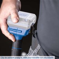 The Scheppach cordless impact drill C-CD45-X features a practical belt clip, ideal for working on a ladder.