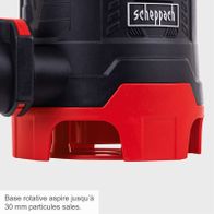 The Scheppach waste water combination pump DWP400 features a rotating suction base capable of handling particles up to 30 mm in size.